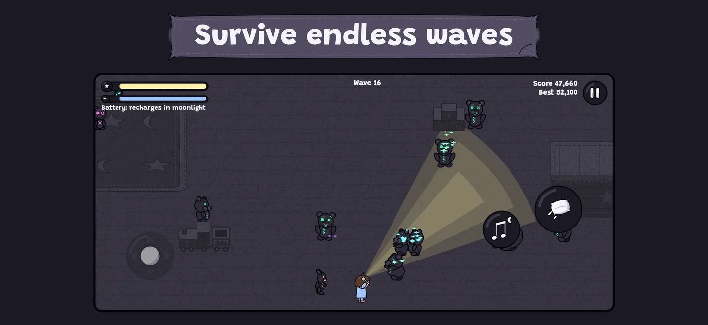 Survive endless waves: the child shines her flashlight on a crowd of teddies