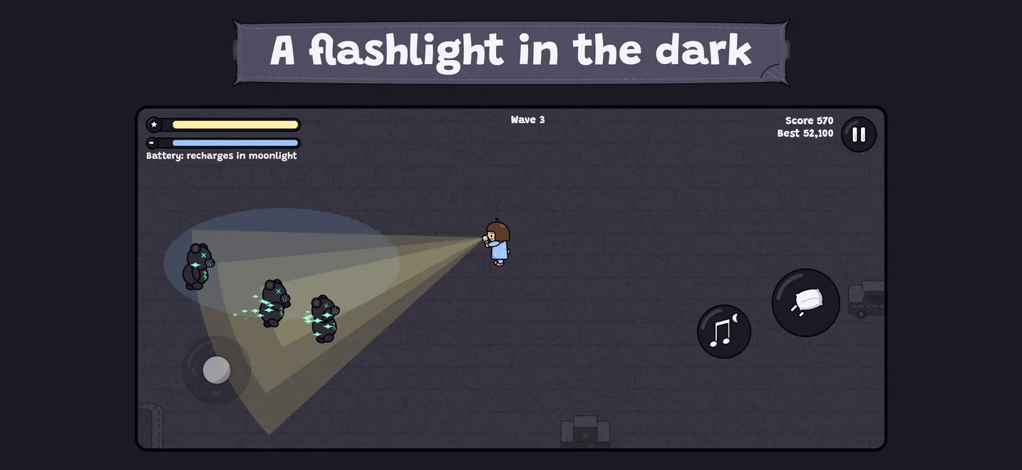 A flashlight in the dark: the beam drains a teddy's neon